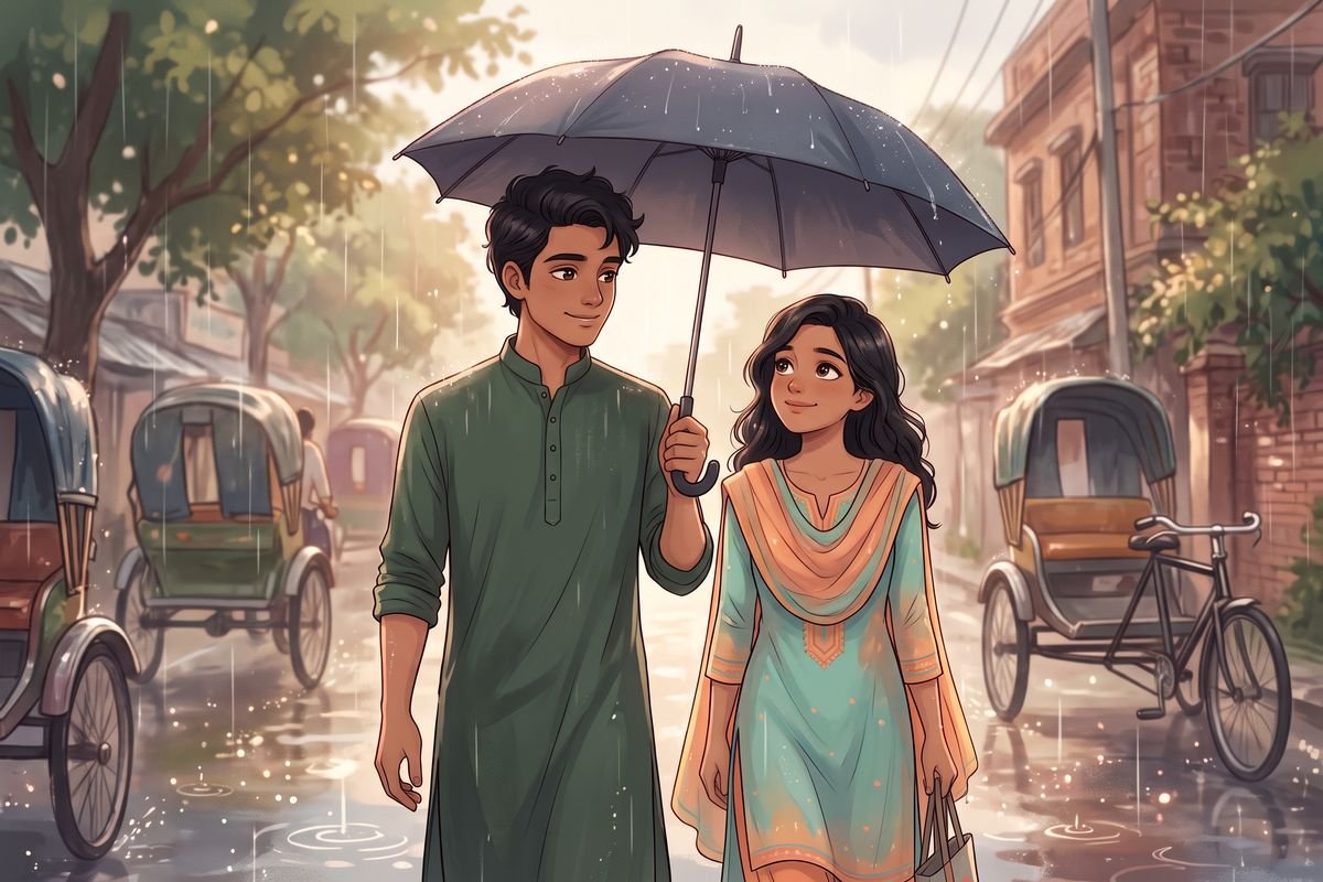 বৃষ্টিতে বোনের মাথায় ভাইয়ের ছাতা