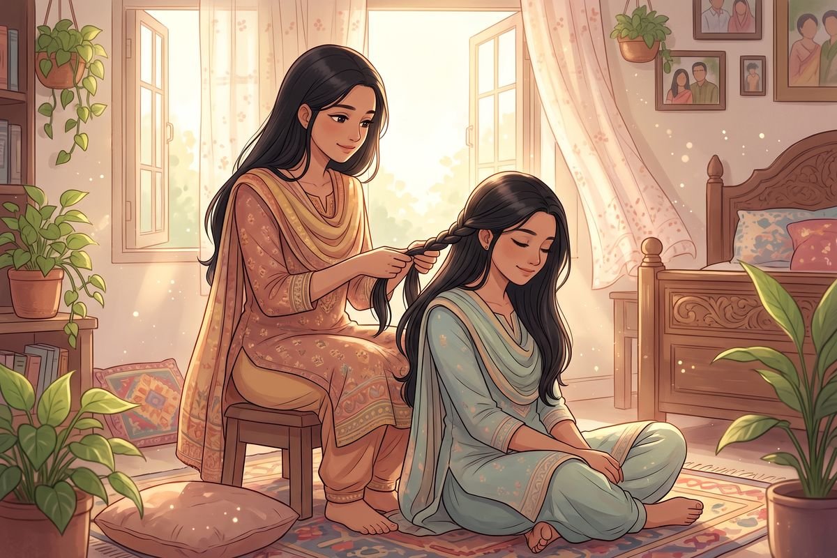 বড় বোন ছোট বোনের চুল বেঁধে দিচ্ছে