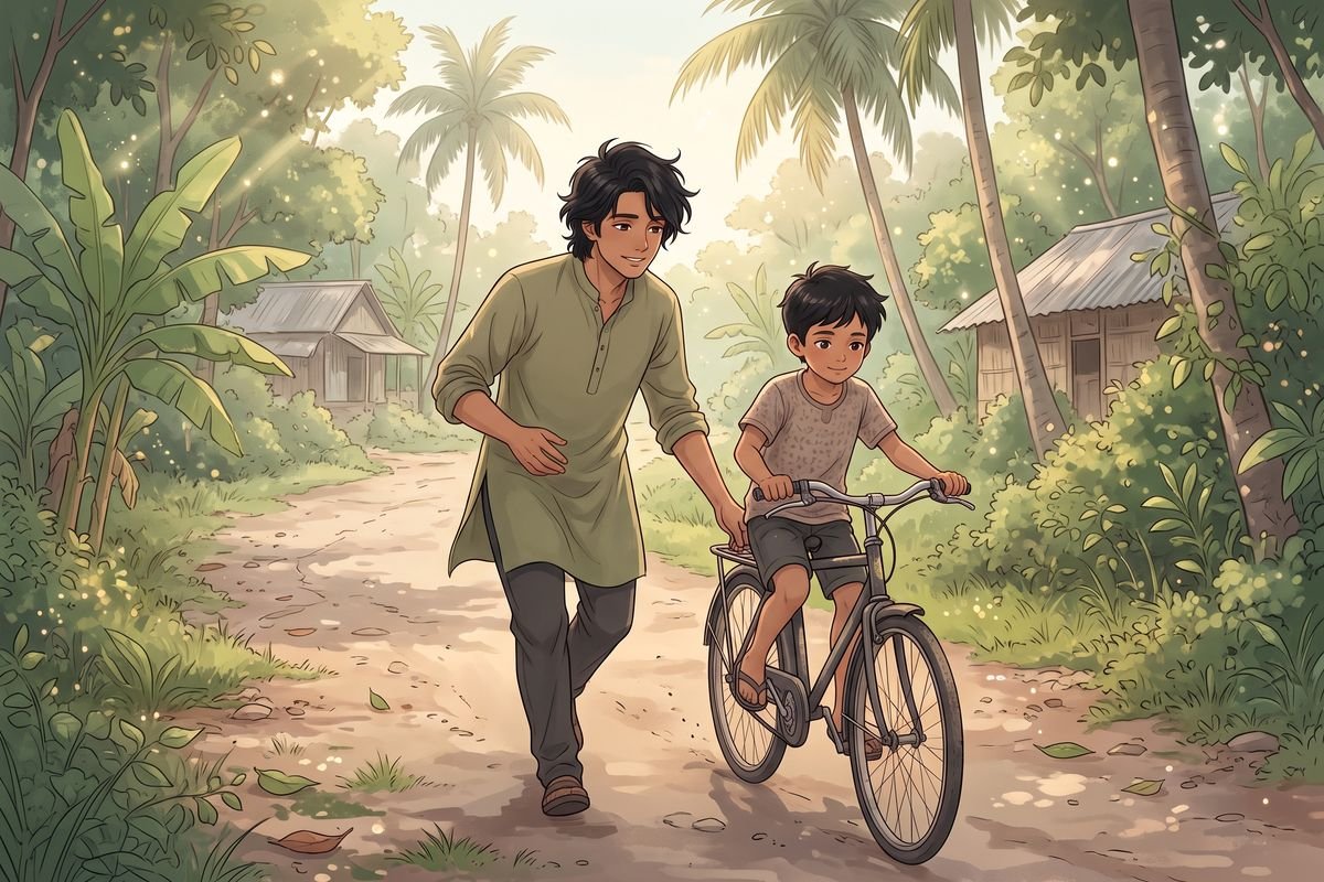 বড় ভাই ছোট ভাইকে সাইকেল চালানো শেখাচ্ছে